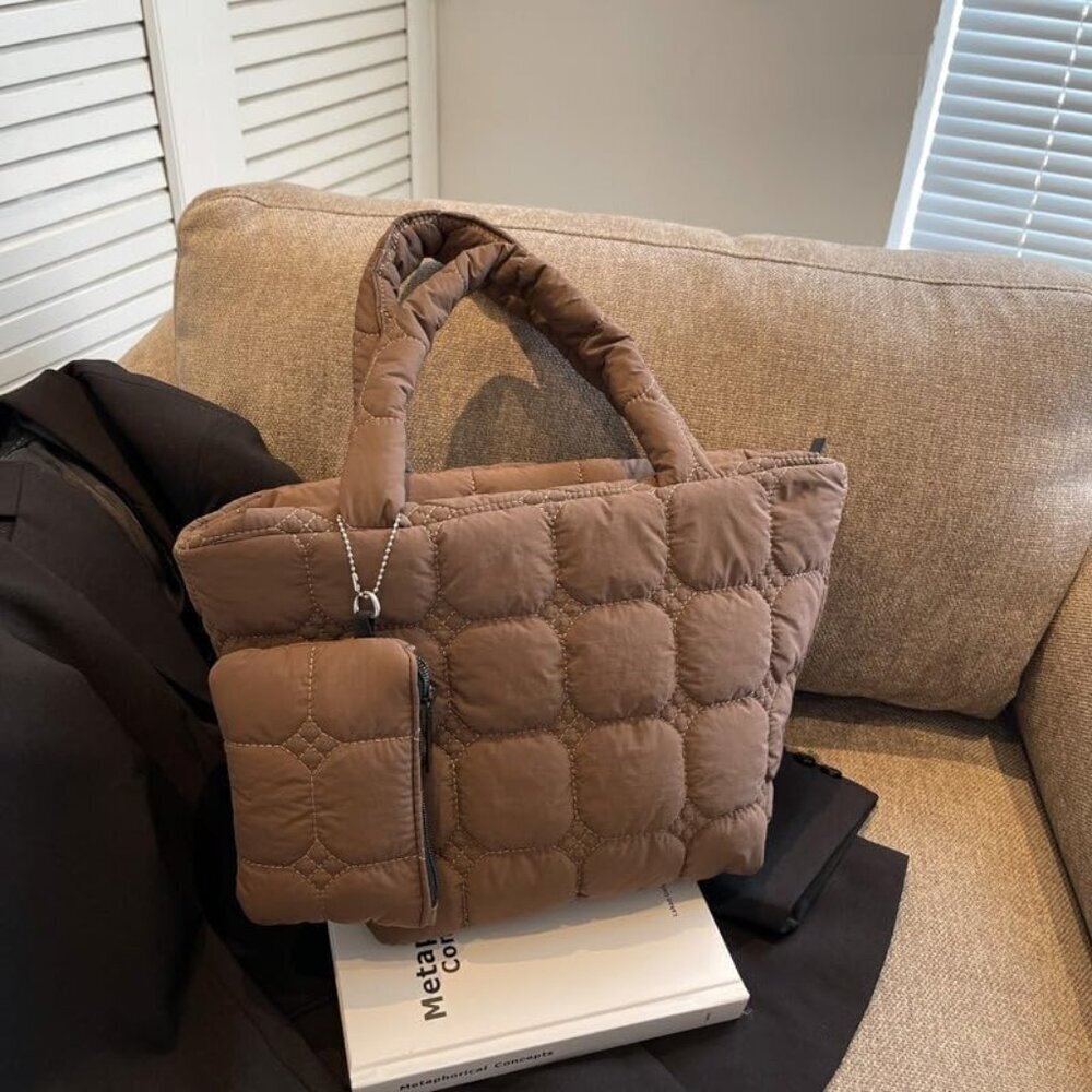 Women’s Quilted Nylon Tote Small Puffer Handbag with Wallet Multi-Use - Picture 4 of 7